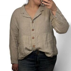 FLAX natural cotton linen long sleeve button down shirt in natural tan